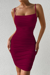 Spaghetti Strap Ruched Backless Cocktail Dress XS / Claret