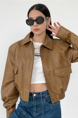 Short PU Leather Notch Lapel Jacket