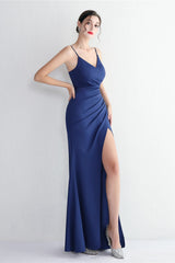Long Satin Slit Halter Sheath Formal Dress