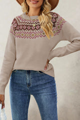 Jacquard Crew Neck Knit Pullover Sweater