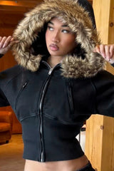 Street Style Fur Trim Sweatshirt Jacket Black / S