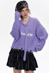 Red Embroidered Raw Edge Wool Blend Sweater