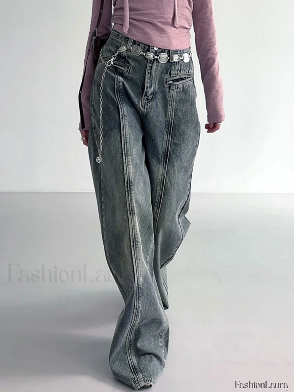 Center Stripe Wide Trendy Leg Jeans Without Belt Jeans