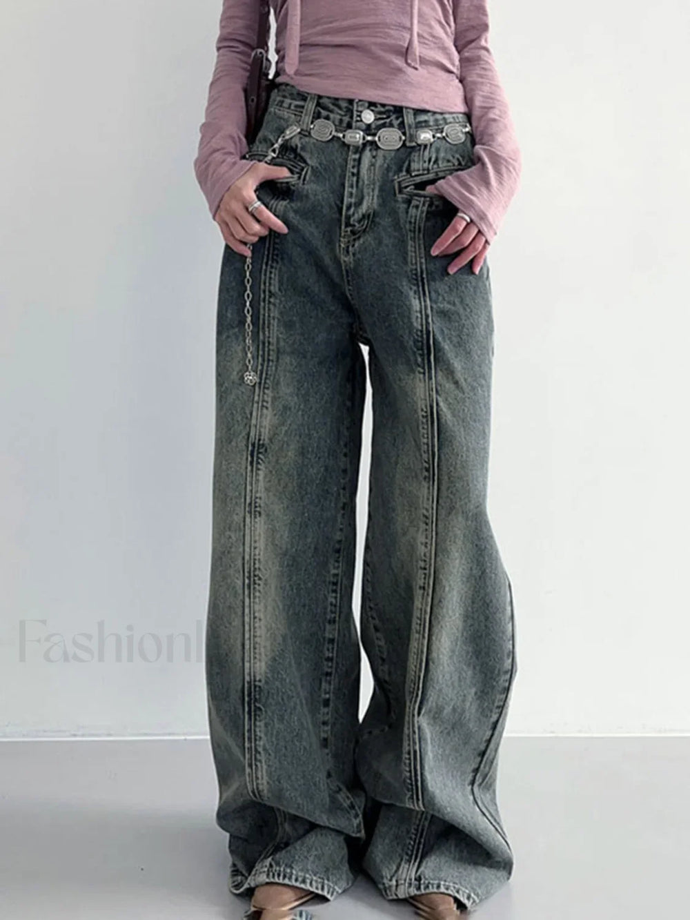 Center Stripe Wide Trendy Leg Jeans Without Belt Jeans