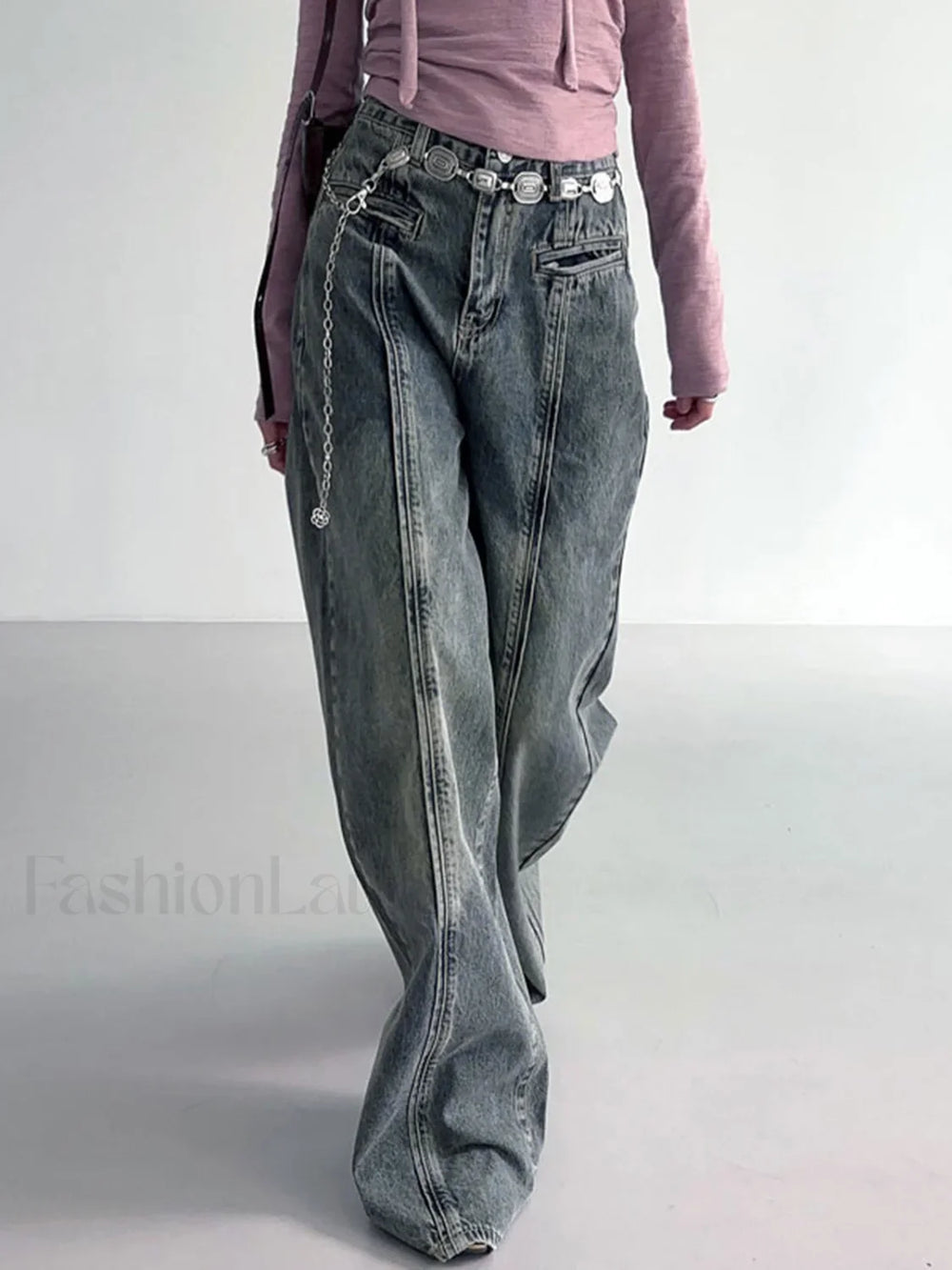 Center Stripe Wide Trendy Leg Jeans Without Belt Jeans