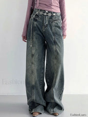 Center Stripe Wide Trendy Leg Jeans Without Belt Blue / XS Jeans