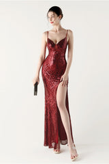 Sequin V Neck Cross Strap Mermaid Maxi Dress Red / S