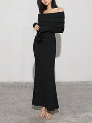 Charcoal Off Shoulder Overfold Modern Long Sleeve Long Dress Black / XS Knit Dresses
