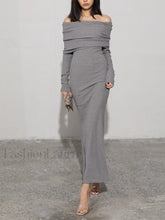 Charcoal Off Shoulder Overfold Modern Long Sleeve Long Dress Grey / XS Knit Dresses