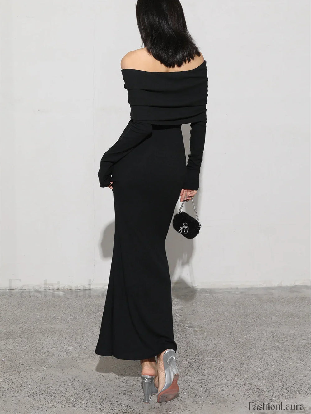 Charcoal Off Shoulder Overfold Modern Long Sleeve Long Dress Knit Dresses