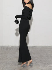 Charcoal Off Shoulder Overfold Modern Long Sleeve Long Dress Knit Dresses