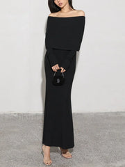 Charcoal Off Shoulder Overfold Modern Long Sleeve Long Dress Knit Dresses