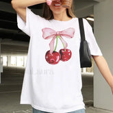 Cherry Bow Vintage Cottagecore T Shirt WHITE / S