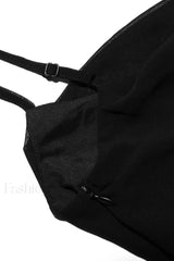 Chiffon Irregular Ruffle Edge Suspender Black Maxi Dress