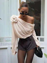 Chiffon Semi sheer One Shoulder Asymmetrical Blouse Apricot / XS Blouses