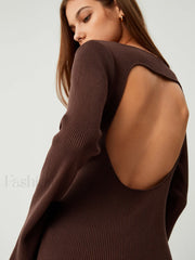 Cinnamon Open Back Long Modern Sleeve Long Sweater Dress Brown / S Sweaters L