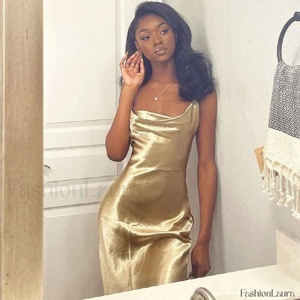 Classy Cowl Neck Tie String Silky Slip Maxi Dress Champagne S / Champane Party Dresses L