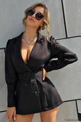 Collared Button Front Waist Cinched Blazer Work Dress