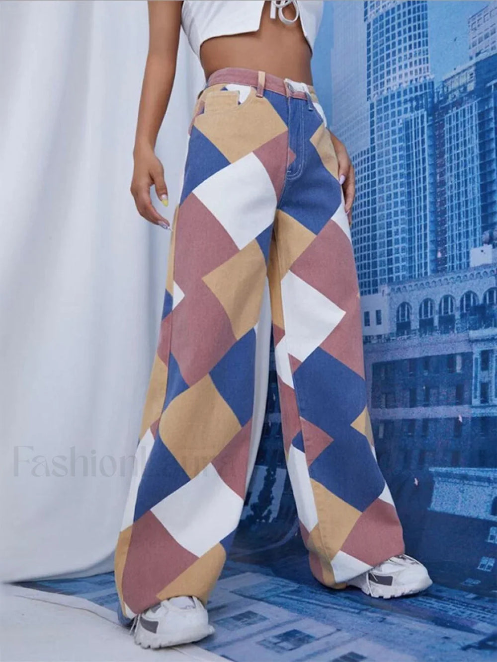 Color Block Argyle Print Wide Leg Jeans Jeans