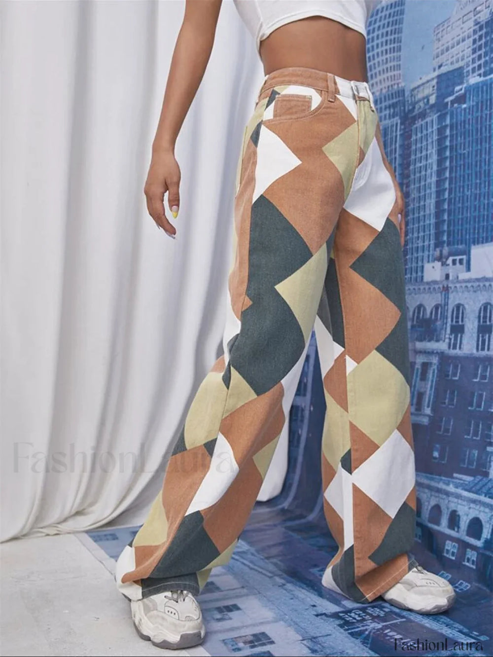 Color Block Argyle Print Wide Leg Jeans Jeans