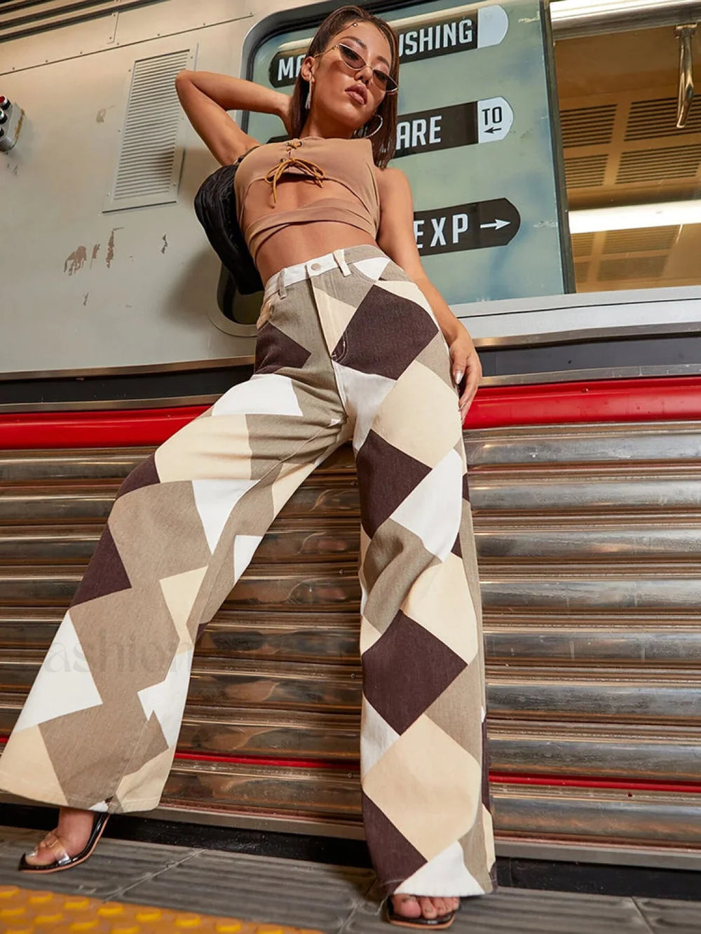 Color Block Argyle Print Wide Leg Jeans Jeans