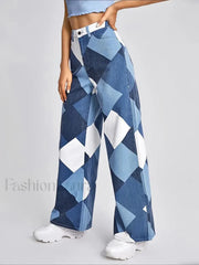 Color Block Argyle Print Wide Leg Jeans Jeans