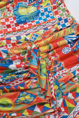 Color Block Neck Split Party Style Floral Dress