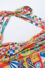 Color Block Neck Split Party Style Floral Dress