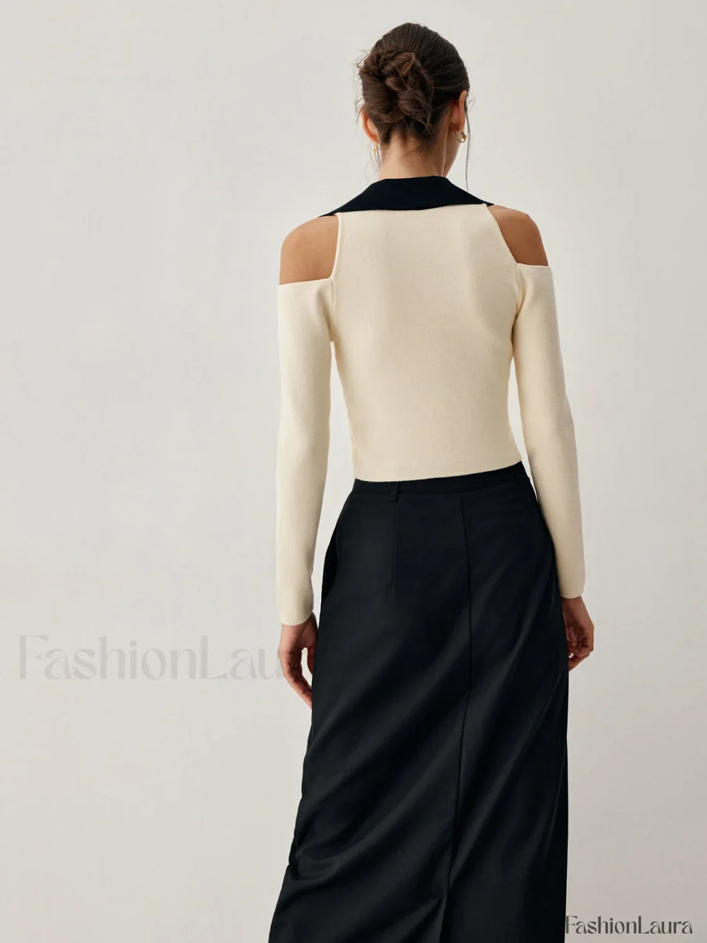 Colorblock Open Collar Cutout Modern Crop Long Sleeve Top Sweaters L