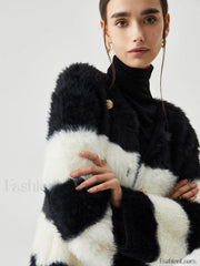 Colorblock Striped Graceful Fuzzy Button Cardigan Sweaters L