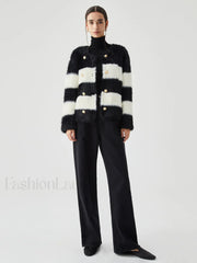 Colorblock Striped Graceful Fuzzy Button Cardigan Sweaters L