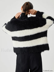 Colorblock Striped Graceful Fuzzy Button Cardigan Sweaters L