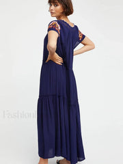 Colorful Tassel Short Boho Dress Navy Blue / S