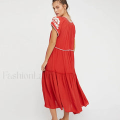 Colorful Tassel Short Boho Dress Red / S