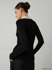 Contrast Collar Quarter Button Modern Long Sleeve Knit Top Sweaters L