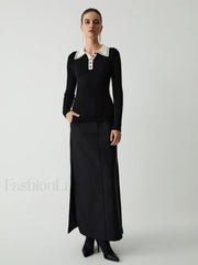 Contrast Collar Quarter Button Modern Long Sleeve Knit Top Sweaters L