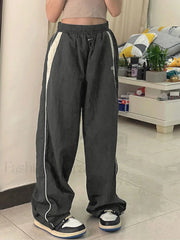 Contrast Piping Black Baggy Sweatpants Wide Leg Pants