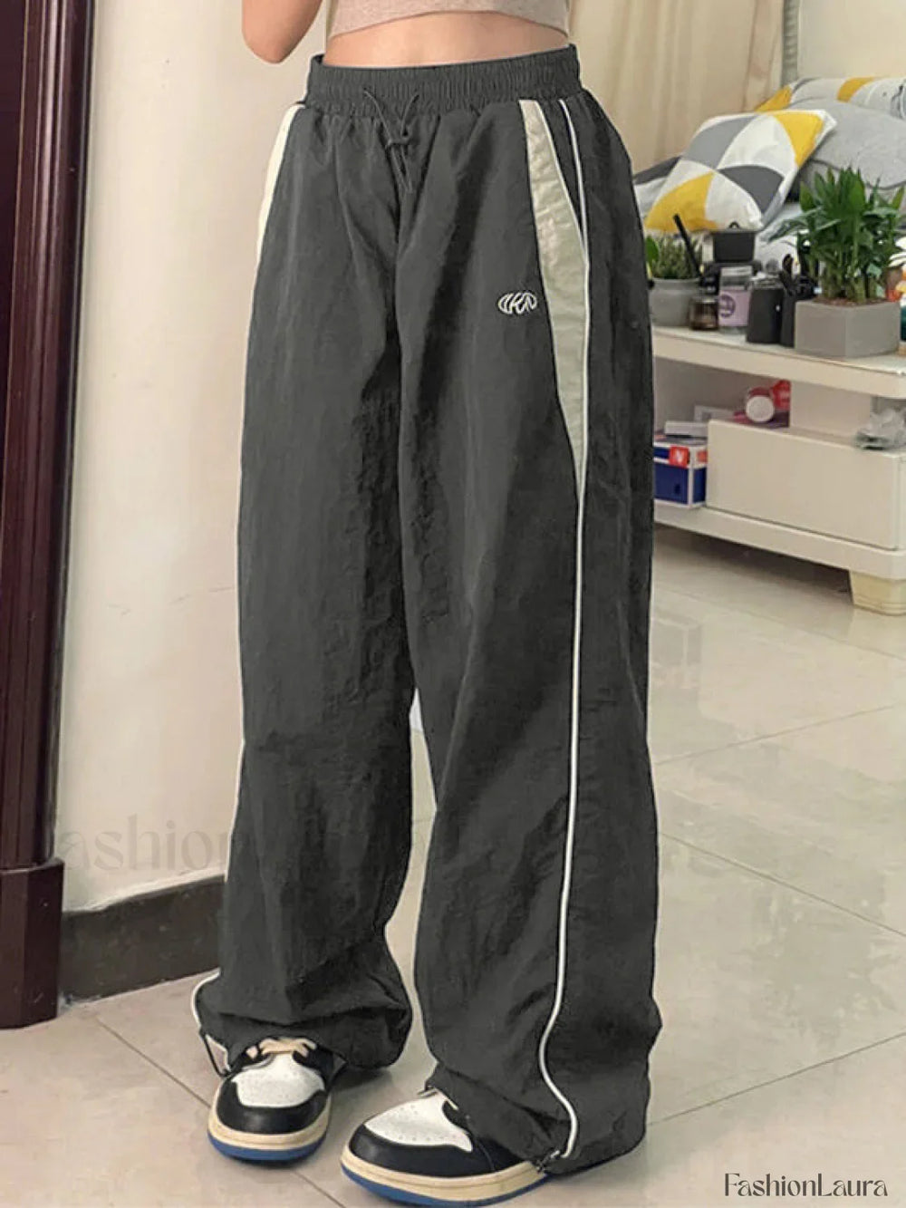 Contrast Piping Black Baggy Sweatpants Wide Leg Pants