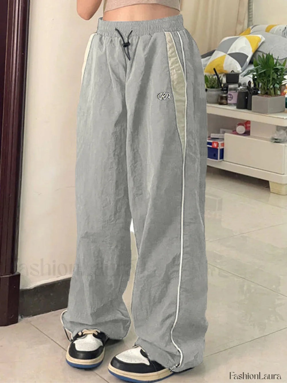 Contrast Piping Black Baggy Sweatpants Wide Leg Pants
