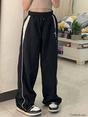 Contrast Piping Black Baggy Sweatpants Wide Leg Pants