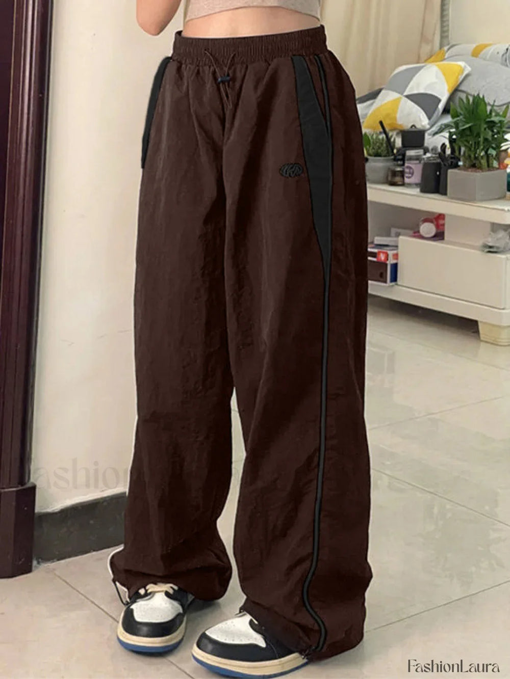 Contrast Piping Black Baggy Sweatpants Wide Leg Pants