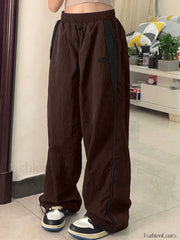 Contrast Piping Black Baggy Sweatpants Wide Leg Pants