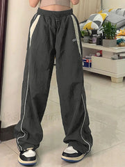 Contrast Piping Black Baggy Sweatpants Wide Leg Pants