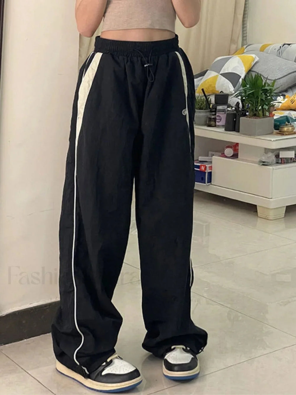 Contrast Piping Black Baggy Sweatpants Wide Leg Pants