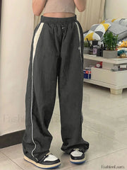 Contrast Piping Black Baggy Sweatpants Wide Leg Pants