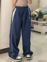 Contrast Piping Black Baggy Sweatpants Wide Leg Pants