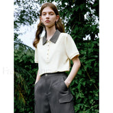 Contrast Polo Collar Pearl Pullover T Shirt Light Yellow / S