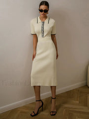 Contrast Trim Collared Rib Modern Knit Short Sleeve Midi Dress Apricot / XS Sweaters L