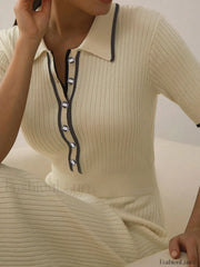 Contrast Trim Collared Rib Modern Knit Short Sleeve Midi Dress Sweaters L