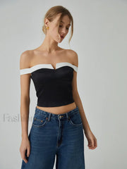 Contrast Trim Graceful Off Shoulder Blouse Blouses